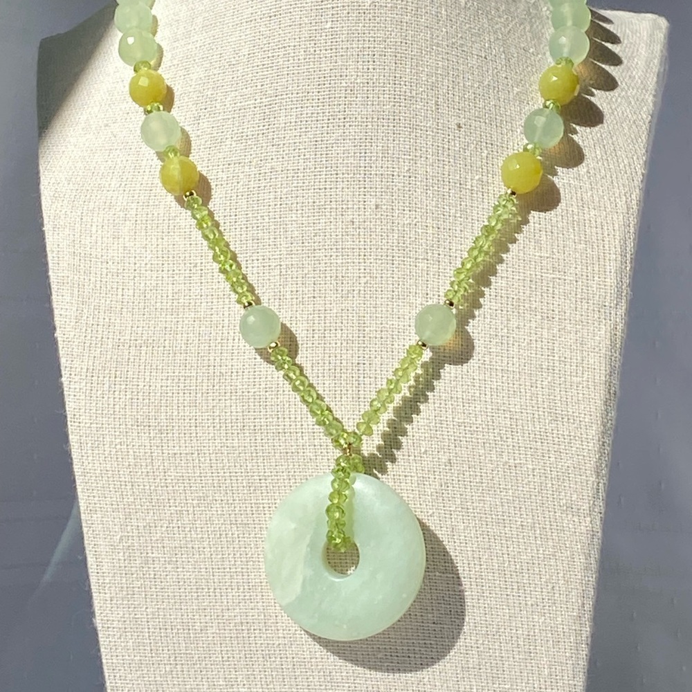 Zoe B. 14k Gold Jade Donut Pendant Peridot Prehnite Gemstone Bead Neckla…